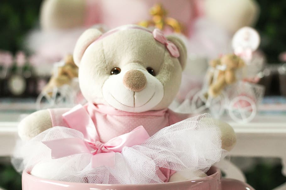 bear plush toy inside the mug, cup, present, female, rosa, decoration HD wallpaper