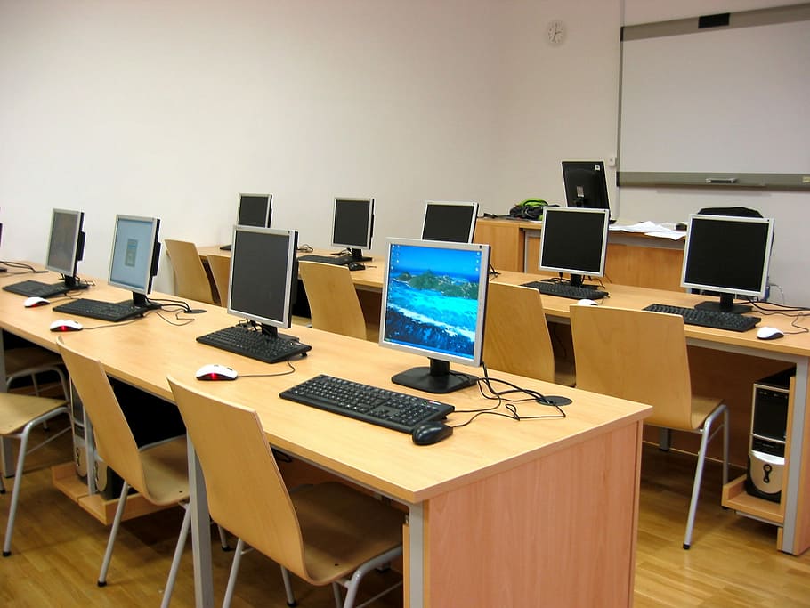 desktop computer on wooden desk, Classroom, Learning, studing