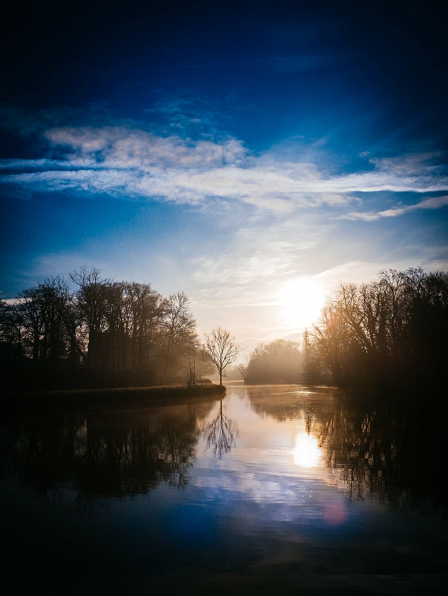 dawn, lake, sunrise, sunset, twilight, nature, reflection, tree HD wallpaper