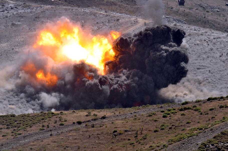 soldier, weapons, drill, explosion, attack, war, sky, army HD wallpaper
