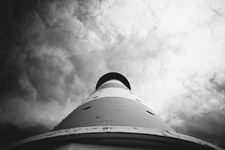 greyscale and low angle photography of lighthouse, aerial photography of lighthouse HD wallpaper