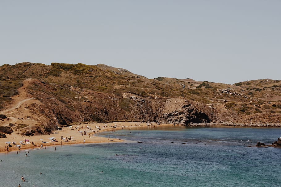 Beach, Sand, Water, Ocean, Sea, Sea, People, swimming, hills HD wallpaper