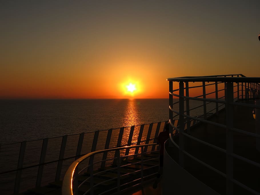 aida, sunset, ship, cruise, sky, water, railing, sea, scenics - nature HD wallpaper