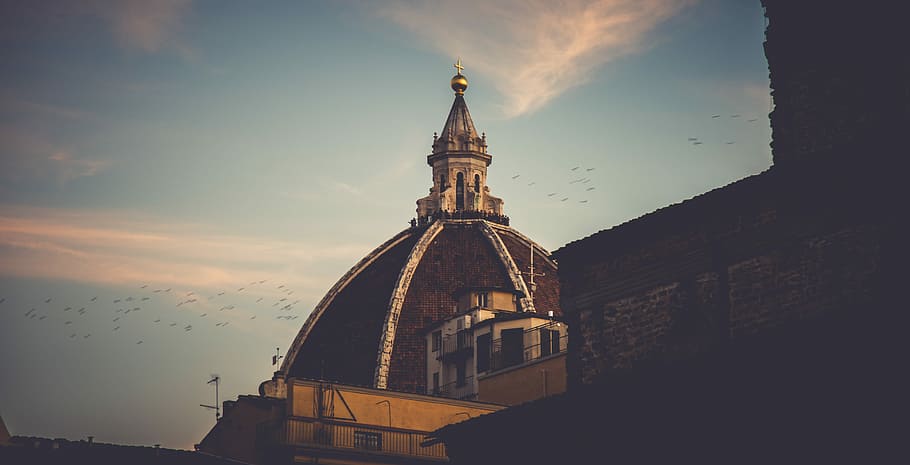 Florence Cathedral, Rome, flock of birds soaring over cathedral HD wallpaper