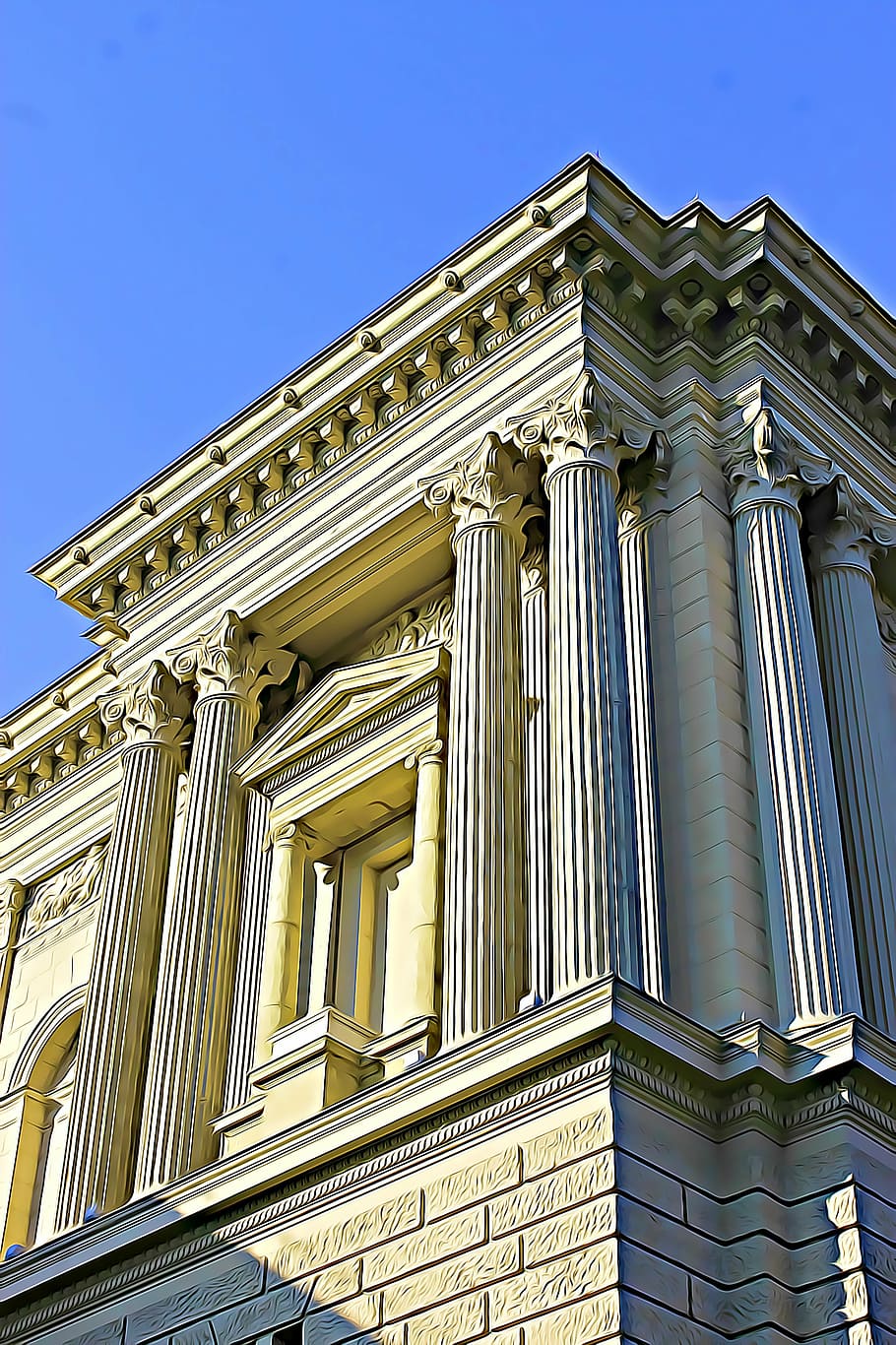 building, blue sky, architecture, column, columns, graphics HD wallpaper