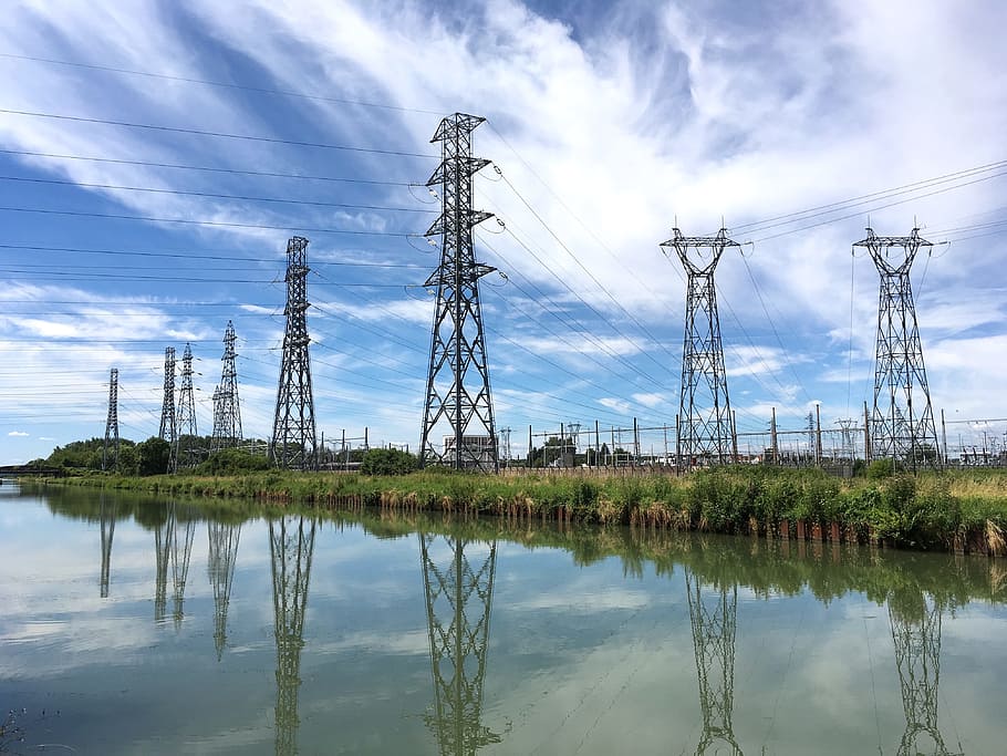 planet, energy, electricity, tower, clouds, channel, sky, reflection HD wallpaper