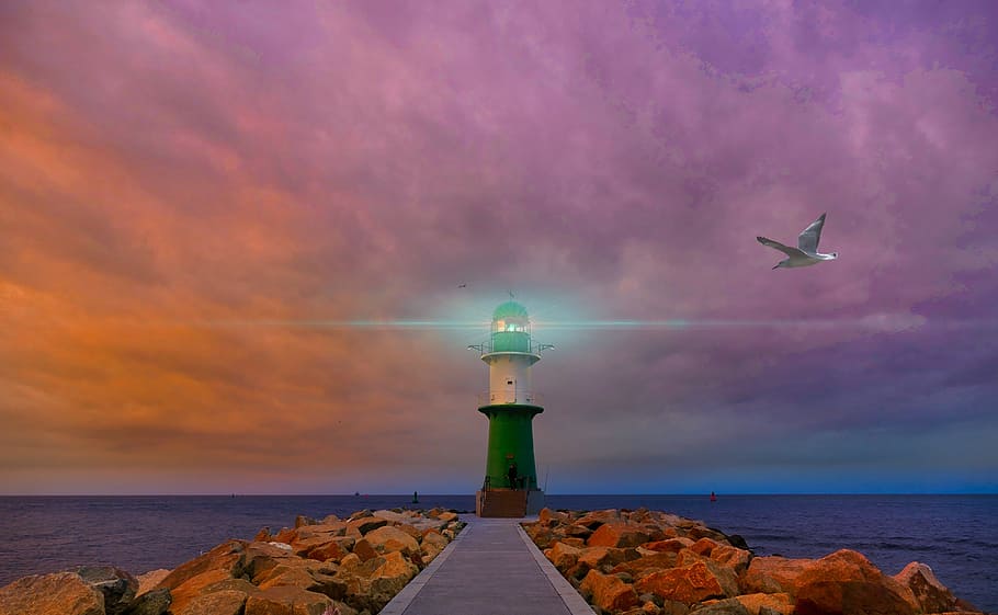 lighthouse, sea, ocean, water, sky, wave, clouds, coast, landscape HD wallpaper
