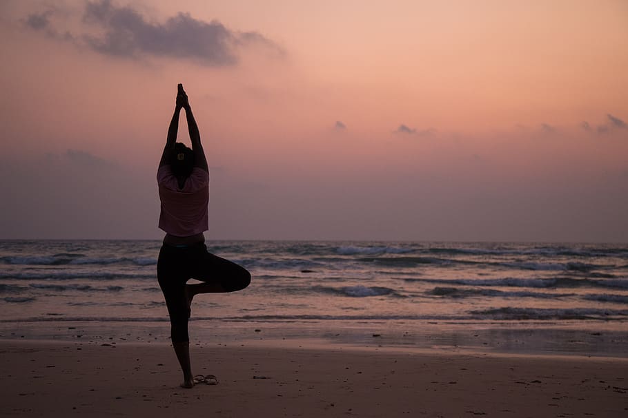 yoga, beach, healthy, woman, meditation, sea, exercise, girl, HD wallpaper