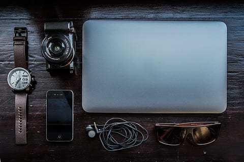 objects, watch, camera, iphone, headphones, earbuds, sunglasses HD wallpaper