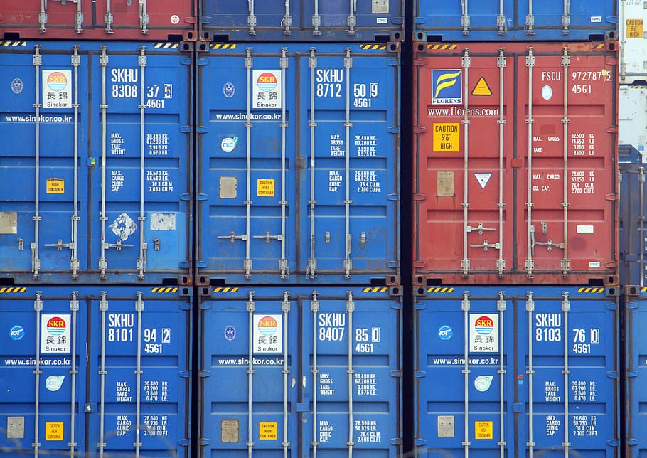 blue and red steel containers, freight, export, cargo, transport, HD wallpaper