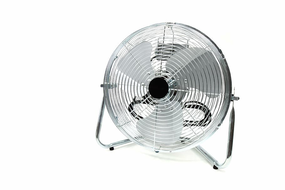 gray metal drum fan, air, blade, blowing, chrome, cool, electric