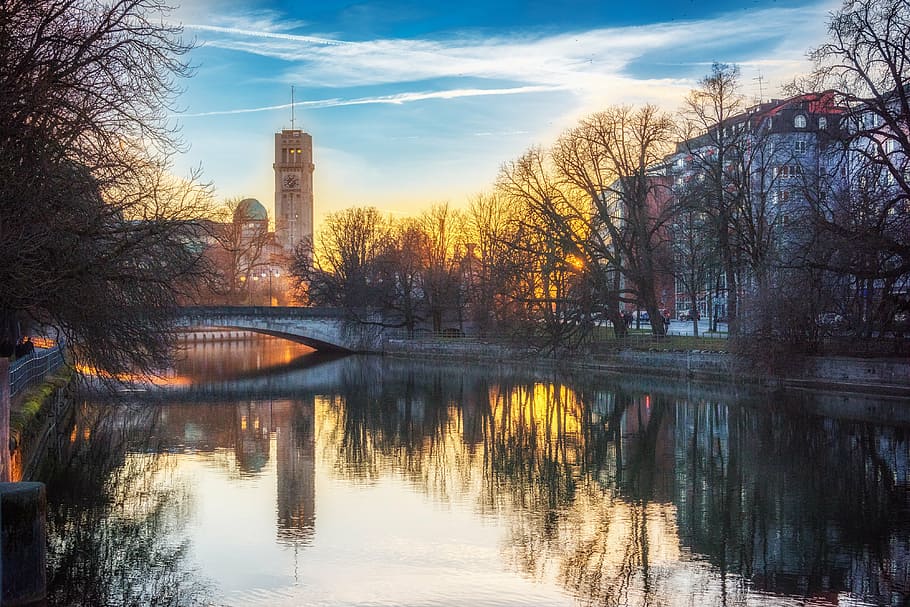 calm body of water, munich, bridge, evening, sun, river, city HD wallpaper