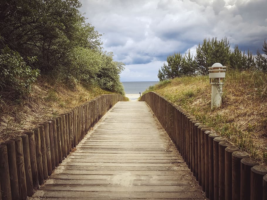 brown wooden pathway under white clouds during daytime, beach HD wallpaper
