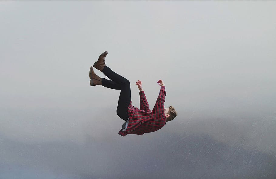 man falling from the skies during daytime, action, adult, checkered shirt, HD wallpaper