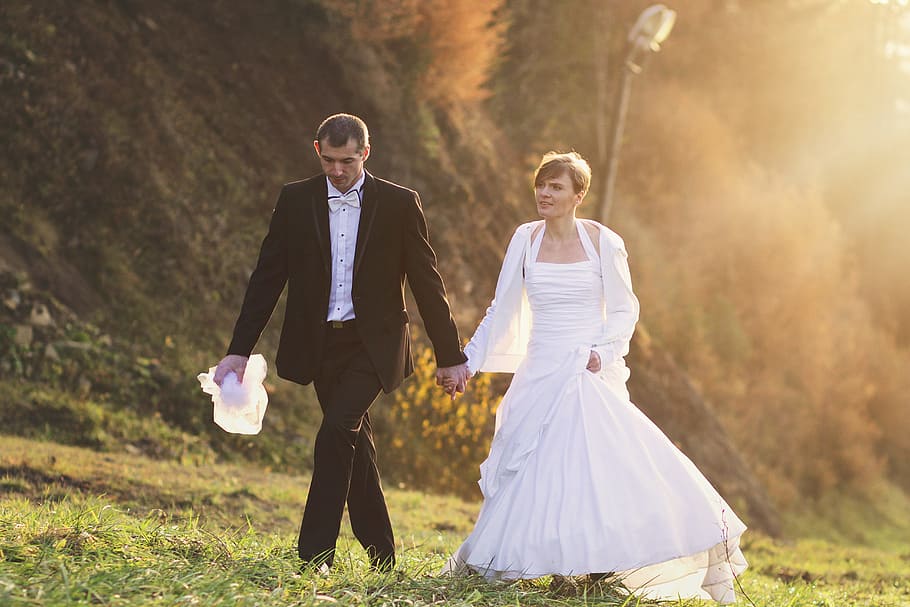 sunset, young couple, romanticism, two people, bride, event HD wallpaper
