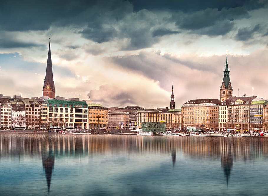 concrete structures under cloudy sky, Hamburg, Building, City, Water, HD wallpaper