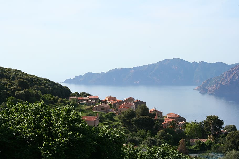 corsican, landscape, nature, mountain, sea, summer, architecture HD wallpaper