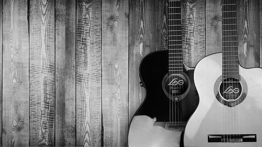 grayscale photo of two guitars, wood, instrument, strings, music HD wallpaper