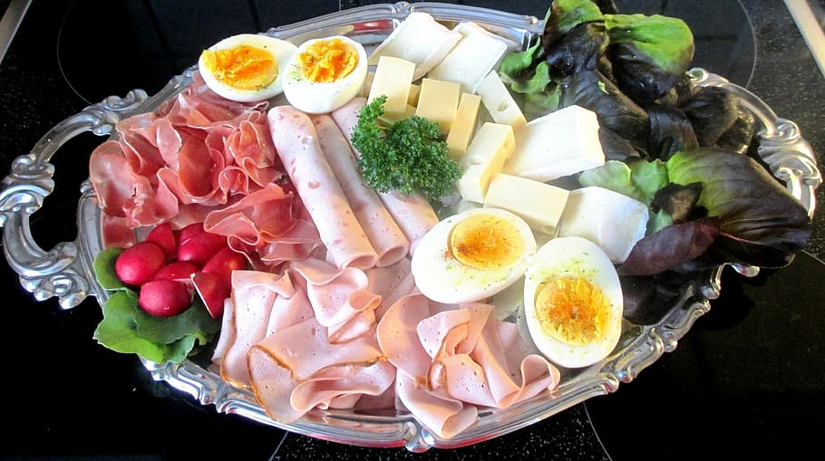 variety of foods in tray, cold cuts, eat, meat plate, brunch HD wallpaper