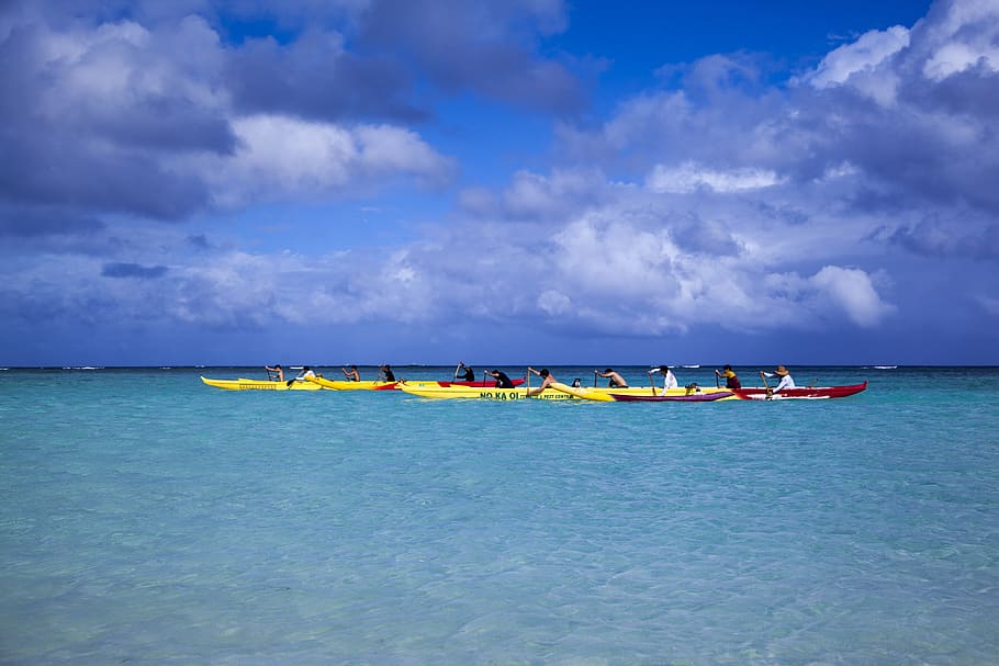 guam, healing, canoe, water, sky, sea, nautical vessel, cloud - sky HD wallpaper