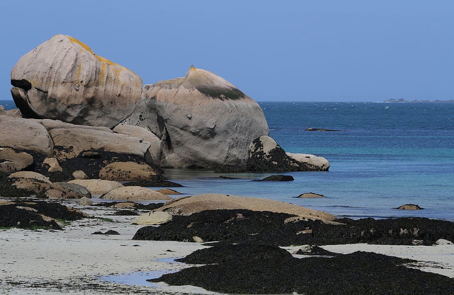 Rock, Beach, Seaside, Brittany, blue, nature, water, rock - object HD wallpaper