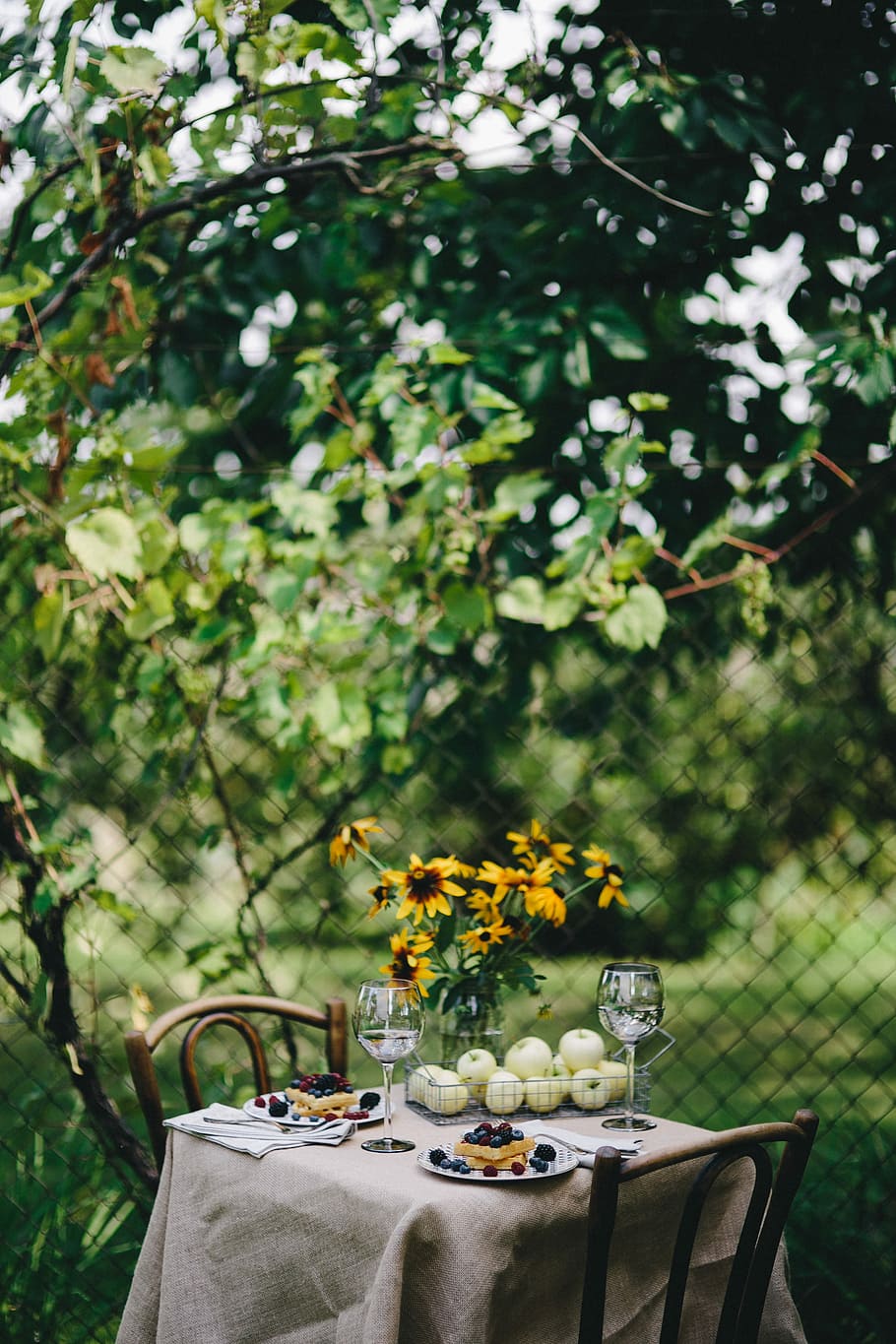 Healthy lunch in the garden, summer, flower, flowers, table, relax, HD wallpaper