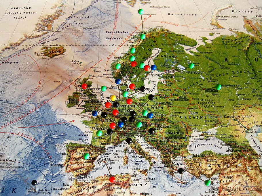 push pins on map, experienced travel destinations, map of europe, HD wallpaper