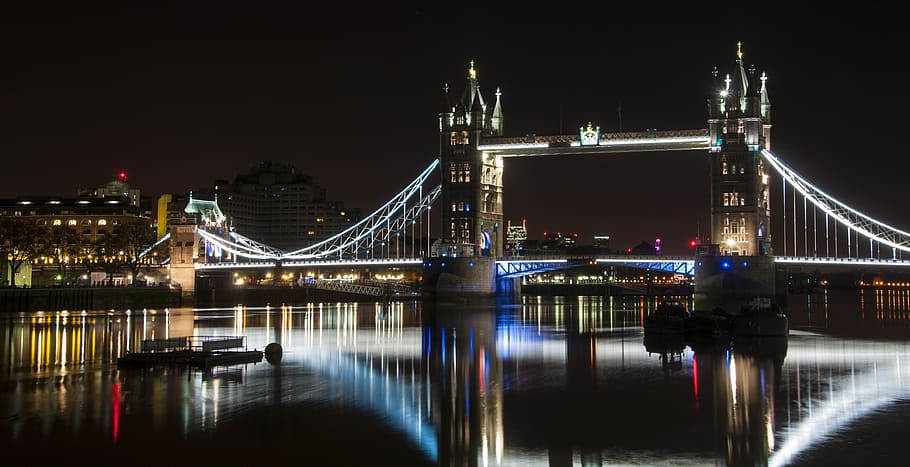lighted tower bridge at night time, london bridge, england, river
