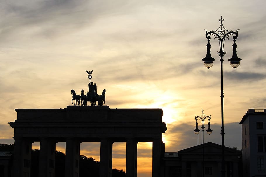 brandenburg gate, sunset, clouds, berlin, germany, dusk, sky, HD wallpaper