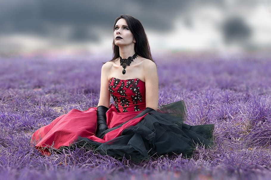 woman wearing red and black strapless dress sits on purple grass field at daytime HD wallpaper