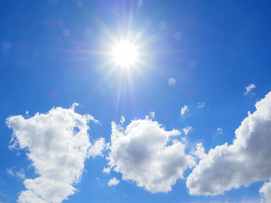 white clouds, sky, blue, summer day, sunny day, sunbeam, beautiful day HD wallpaper
