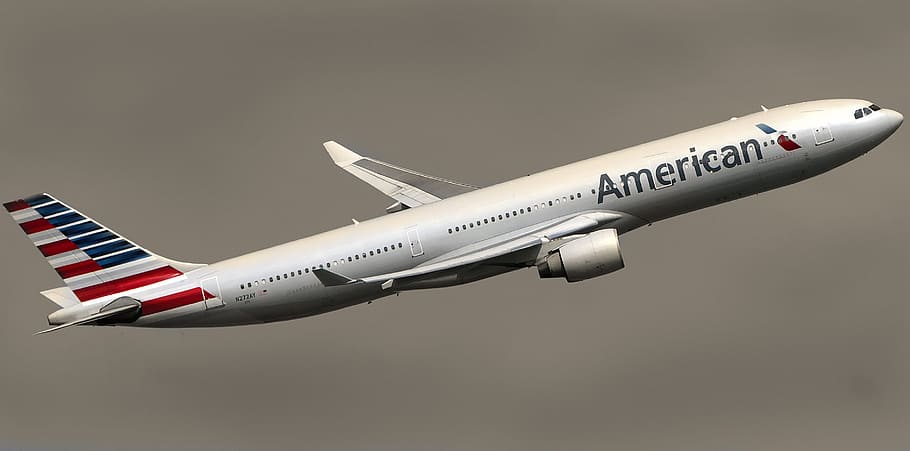 white American airplane flew in mid air, airline, aircraft, travel, HD wallpaper