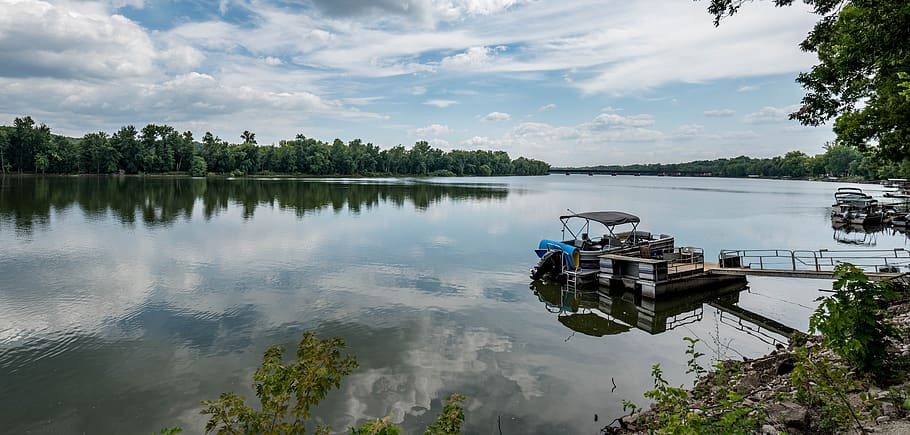 river, dock, shore, water, reflection, lake, tree, nautical vessel HD wallpaper
