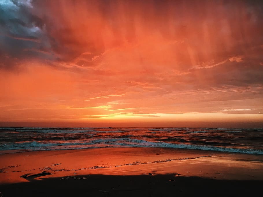red, sky, clouds, beach, coast, sea, ocean, water, nature, sunset HD wallpaper