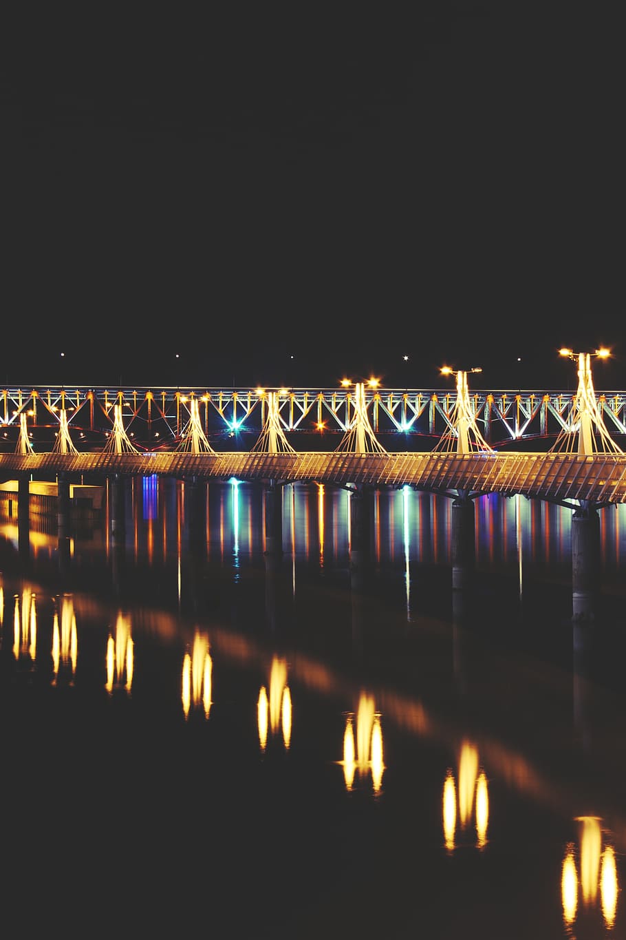 pier, lights, night, plock, river, poland, polska, illuminated HD wallpaper