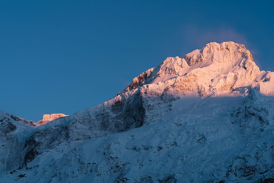 worms eye view photography of snowy mountain, snowy summit, rock HD wallpaper