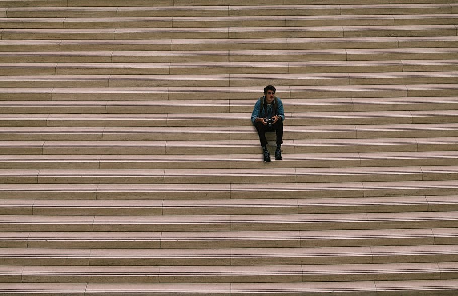 man sitting on staircase during daytime, stairs, person, abstract, HD wallpaper