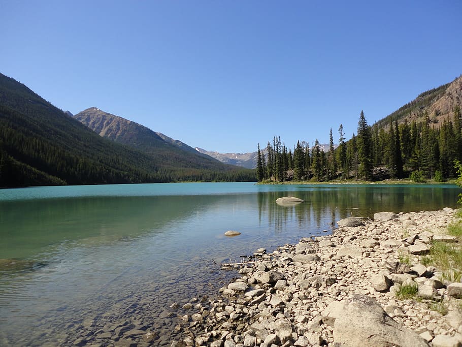 Canada, Lake, Mountains, Sky, Bank, silent, rest, nature, forest HD wallpaper