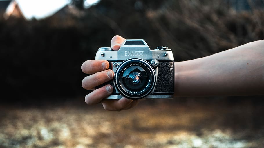 person holding gray camera in selective focus photography, person holding black and gray SLR camera HD wallpaper