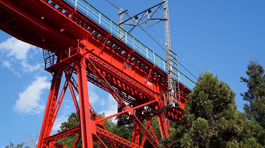 bridge, railway bridge, japan, red, electric train, green, sky, HD wallpaper