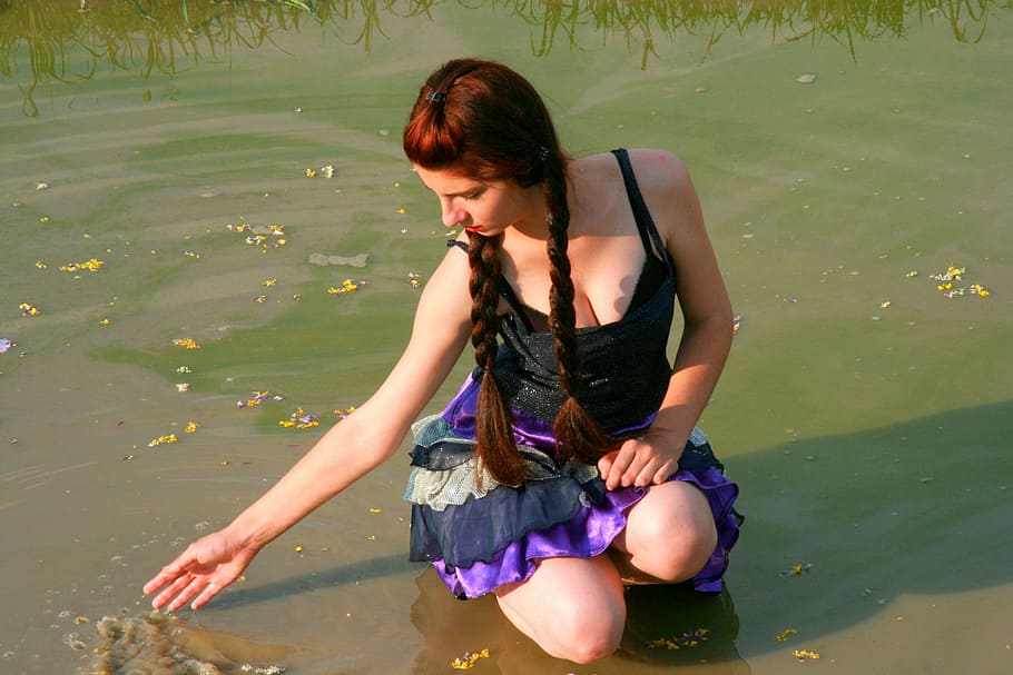 woman in black sleeveless dress sitting near body of water, girl, HD wallpaper