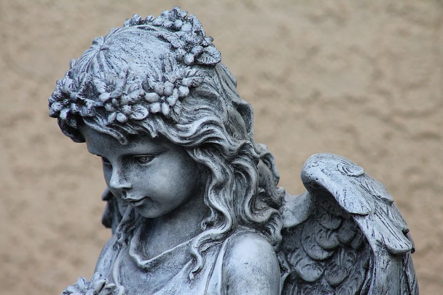 grey cherub statue, angel, garden art, sculpture, stone, religious