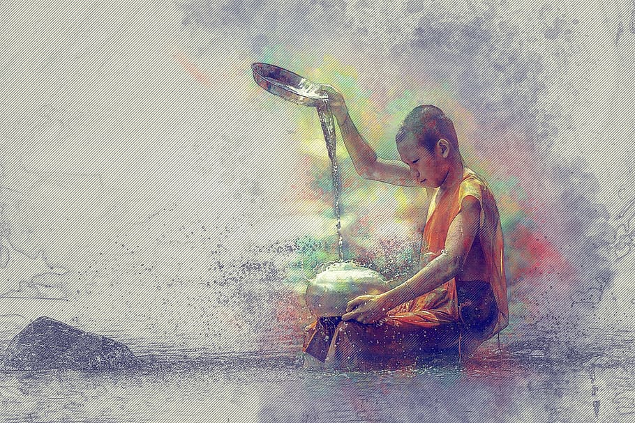 boy sitting and pouring water into container painting, ancient