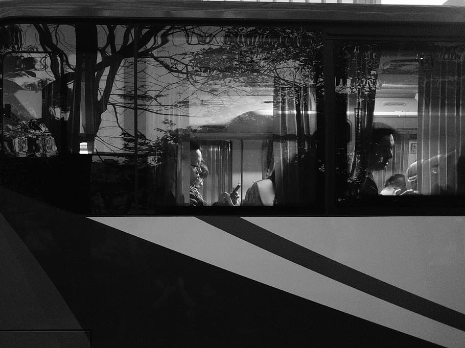 black and white photo of people riding bus, people inside bus HD wallpaper