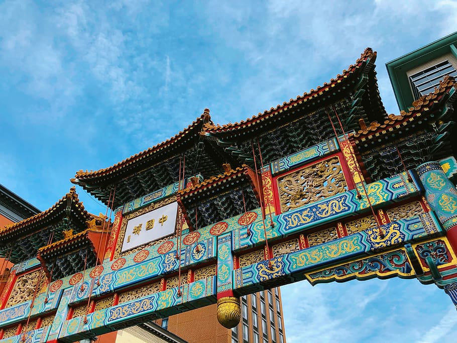 photo of teal and red temple gate, photo of brown and black building HD wallpaper