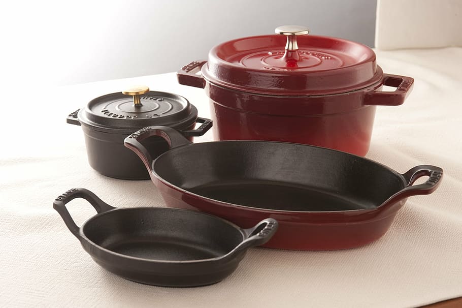 red cookware set, pot, frying pan, cooking utensils, kitchen