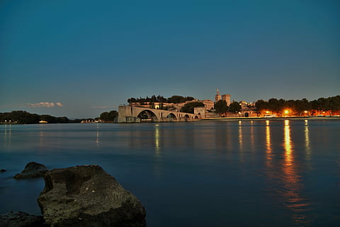 evening, sunset, river, pont d'avignon, bridge, france, provence HD wallpaper