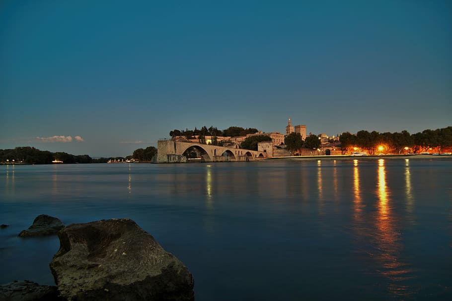 evening, sunset, river, pont d'avignon, bridge, france, provence HD wallpaper
