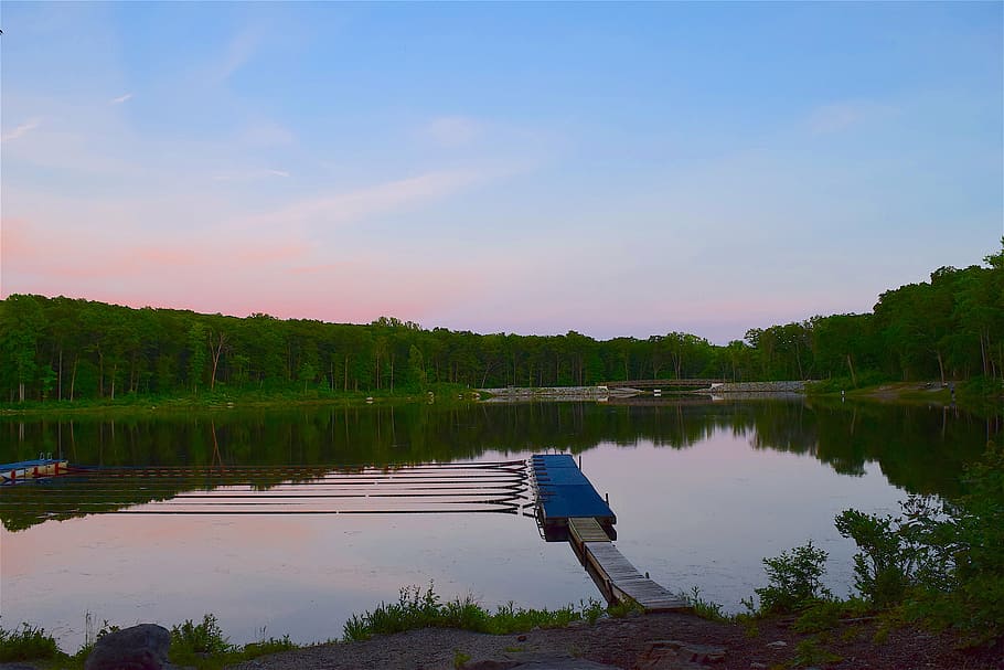 dock, lake, sunset, water, landscape, sky, nature, reflection HD wallpaper