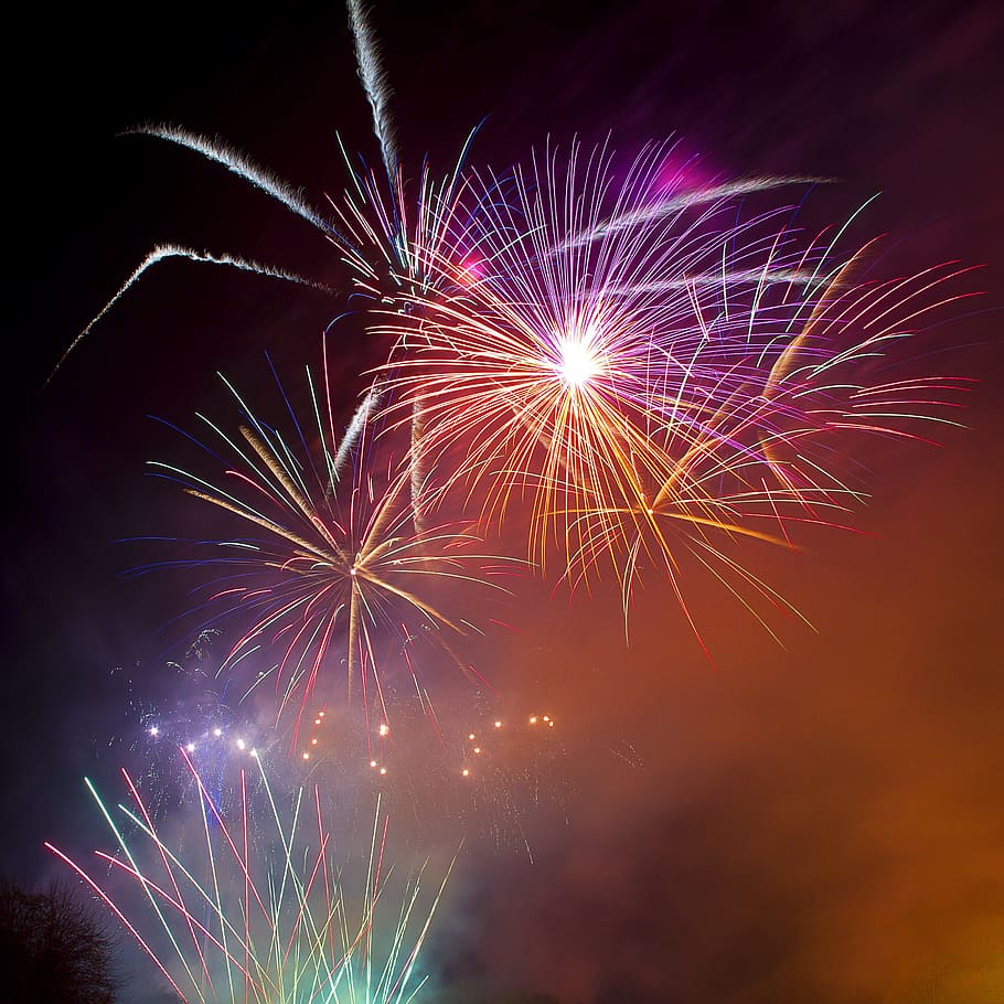 nature, sky, clouds, night, fireworks, firecrackers, lights HD wallpaper